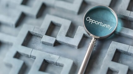 Aufkleber - A magnifying glass zooming in on the word  Opportunity  in a maze representing the search and for new business ventures growth opportunities and innovative strategies to achieve success