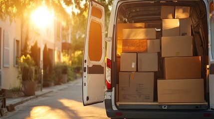 Poster - A moving van partially filled with packed furniture boxes and belongings with sunlight streaming through the open back door creating an inviting and organized scene for a relocation or household move
