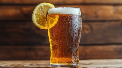 Aufkleber - A refreshing close-up of a cold glass of beer with condensation, served with a slice of lemon on the rim, set against a wooden bar backdrop.