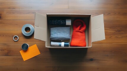 Aufkleber - A neatly packed cardboard box containing various household items placed on a hardwood floor with moving tape nearby indicating an organized packing and moving process