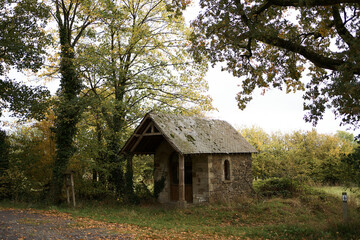 landscapes of an autumnal European village, Belgium, leaves colored by fall