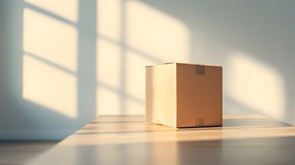 Aufkleber - A packed and labeled cardboard box sitting on an empty dining table with furniture shadows cast on the floor from the soft afternoon light filtering in