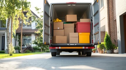 Poster - A moving truck parked in a driveway its open back revealing stacked furniture and neatly packed boxes inside signifying an efficient and organized relocation process