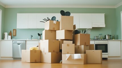 Poster - A pile of cardboard moving boxes sitting in the middle of an empty kitchen with pots pans and other cookware peeking out from the open boxes