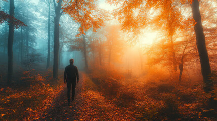 Wall Mural - A man walks alone through a misty autumn forest.