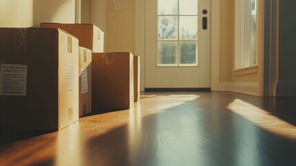 Aufkleber - A row of neatly packed and labeled moving boxes lined up near the front door with sunlight casting long shadows across the floor indicating a pending transition or relocation for the household