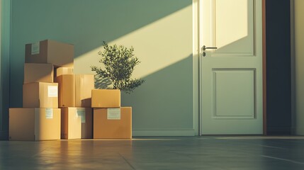 Poster - A row of packed boxes lined up near the front door with moving labels visible and sunlight casting long shadows across the floor signifying a household relocation or delivery