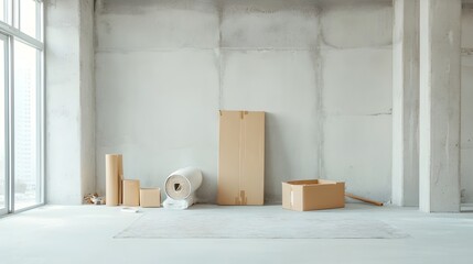 Aufkleber - A rolled up rug leaning against a wall with cardboard boxes and packing materials scattered around an empty room indicating a relocation or renovation process taking place