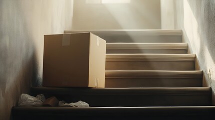 Wall Mural - A simple and minimalist scene of a cardboard box sitting on an empty staircase with packing materials scattered around and soft light filtering in from a nearby window