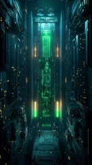 Fototapete - Futuristic digital corridor with neon lights and circuits, set against a dark background, depicting a sci-fi concept. 3d illustration