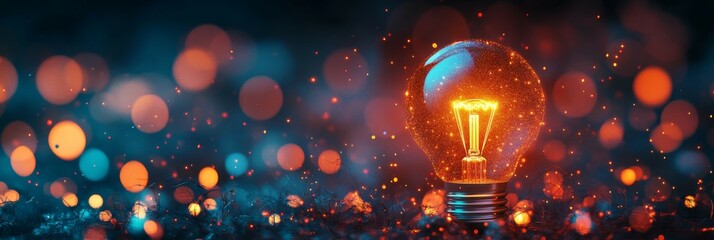 Glowing light bulb against bokeh background