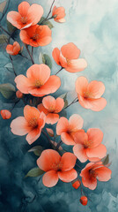 Wall Mural - Delicate peach blossoms on a branch against a blue-grey background.