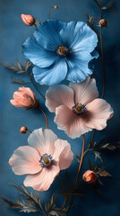 Wall Mural - Delicate pink and blue flowers against a deep blue background.