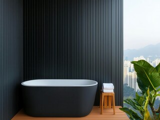 Stylish container bathroom exterior with matte black facade, large windows, and open courtyard