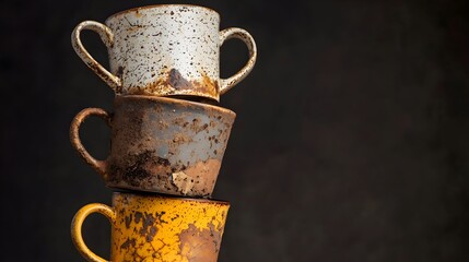 Aufkleber - A stack of used stained and worn vintage ceramic mugs and cups illuminated by a soft warm light from above creating an intimate relatable and moody still life scene