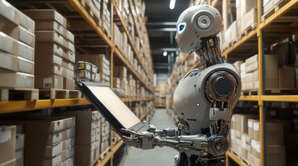 Poster - A robot is standing in a warehouse and holding a tablet