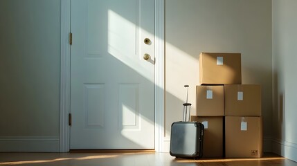 Aufkleber - A suitcase and stacked moving boxes positioned by the open front door with natural light streaming in and casting shadows on the hardwood floor below symbolizing a residential move or relocation