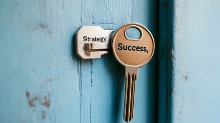 Aufkleber - A symbolic key with the word  Strategy  unlocks the door labeled  Success   representing the vital role of strategic planning and execution in driving business achievement and growth