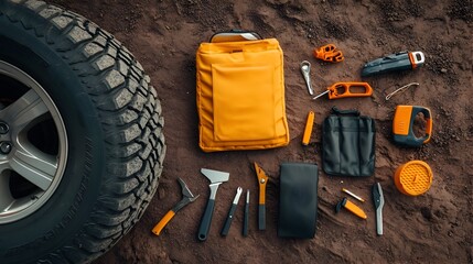 Poster - A tire repair kit laid out on the ground next to a flat tire with all the necessary tools and materials organized and ready for use to fix the puncture or damage and get the vehicle back on the road