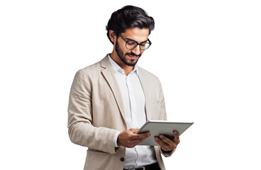handsome businessman using a tablet and working, isolated on transparent background