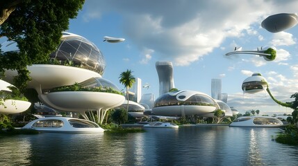 Fototapete - A visionary depiction of a futuristic city that utilizes water as its primary energy source showcasing hydro powered buildings infrastructure