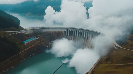 Poster - Aerial view of a large scale hydroelectric dam with massive amounts of water flowing through powerful turbines generating clean