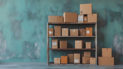 Poster - An empty dust covered bookshelf stands alone surrounded by stacked moving boxes signaling an impending transition or relocation  The minimalist scene evokes a sense of change organization