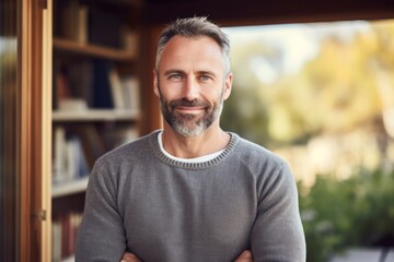 Poster - Portrait of a happy man in his 40s wearing a cozy sweater isolated in stylized simple home office background