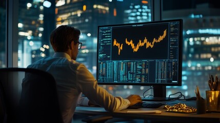 Aufkleber - A serene office scene where a financial analyst studies a large screen displaying gold price fluctuations, reflecting focus and professionalism in market analysis.