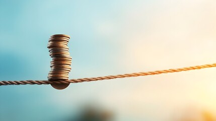Aufkleber - Balancing Coins on a Tightrope The Delicate Interplay of Risk and Reward in Business Strategy  This conceptual image represents the precarious nature of navigating financial decisions