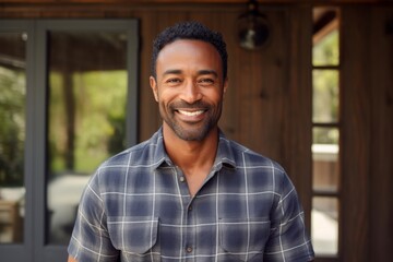 Wall Mural - Portrait of a blissful afro-american man in his 40s wearing a comfy flannel shirt over stylized simple home office background