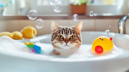 Poster - A serene scene of a cat relaxing in a bathtub, surrounded by bubbles and colorful bath toys, illustrating the calming side of bath time for pets.