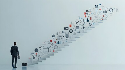 Poster - Businessman Ascending the Stairs Made of Business Symbols like Graphs Clocks and Briefcases Representing a Strategic Step by Step Approach to Achieving Professional Growth and Accomplishments