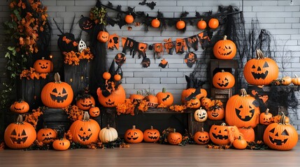 Wall Mural - Enchanting Halloween Backdrop with Vibrant Pumpkins Playful Costumes and Spooky for a Festive Holiday