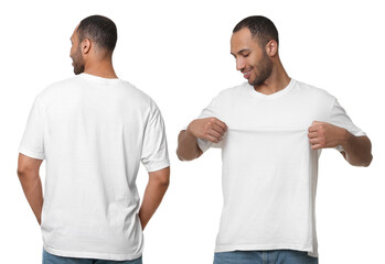 Sticker - Handsome man in white t-shirt on white background, collage of photos