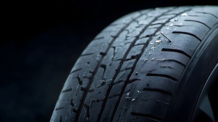 Poster - Close up detailed view of a flat automobile tire with a visible bulge where a nail has punctured the surface ready for professional inspection and repair services