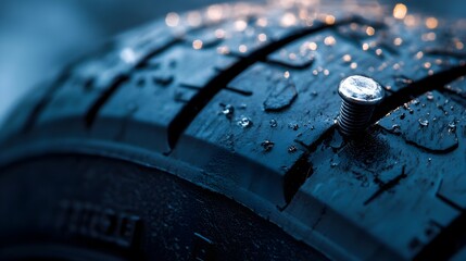 Poster - Close up detailed view of a metal nail head embedded in the dark rubber surface of a tire with the shiny nail contrasting against the soft natural lighting and textured tire pattern