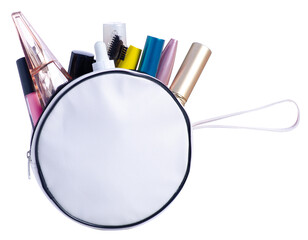 Cosmetic bag filled with makeup products on white background isolation