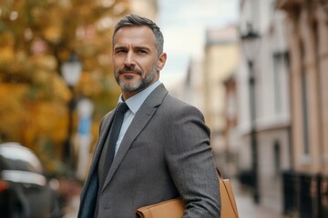 Canvas Print - Satisfied Businessman in suit going home after long working day and looking at side, Generative AI