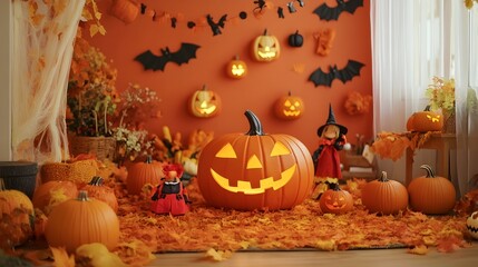 Autumn themed Halloween backdrop featuring a cheerful display of jack o lantern pumpkins vibrant fall leaves and playful kid s costumes for a festive and imaginative holiday setting