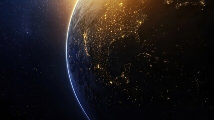 Wall Mural - a view of earth surface showing the transition between day and night, with city lights appearing on 
