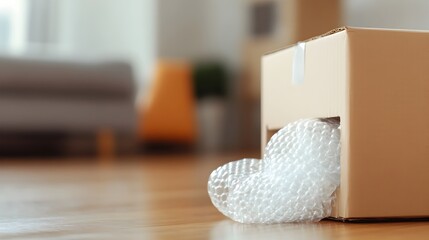 Poster - Close up of a partially open moving box with bubble wrap and packing paper spilling out placed on a hardwood floor in a household setting