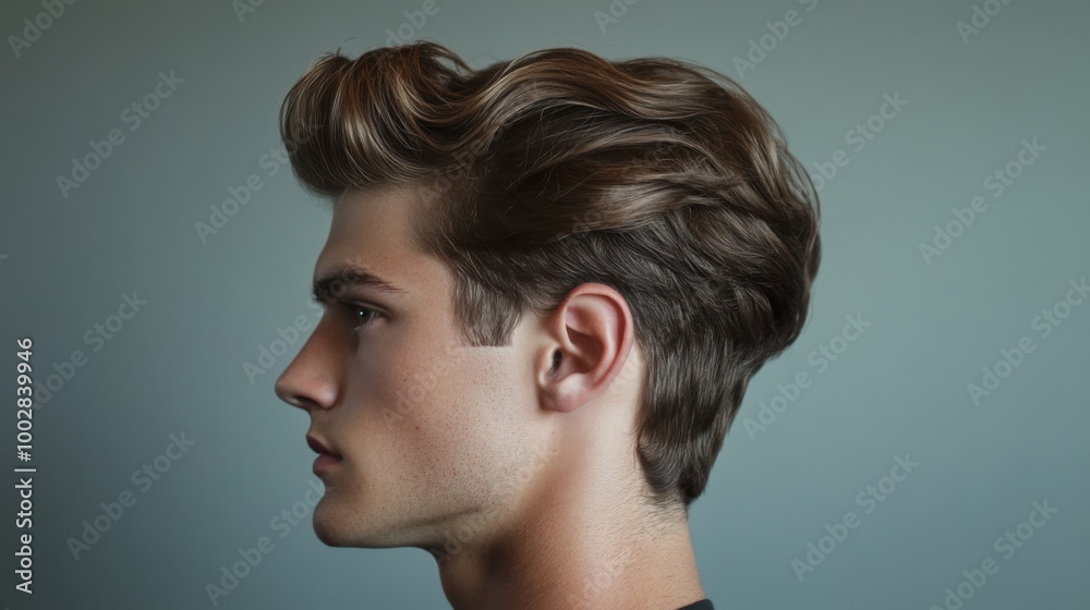 A side view of a man with a textured quiff hairstyle, showing off the
