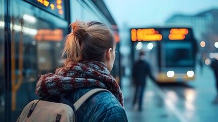 Poster - Close up of a woman boarding a bus her face half turned as the station s schedule board and other buses blur in the background providing ample space for text in a modern and clean scene