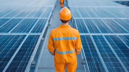 Solar panel manufacturing plant, topdown view of automated assembly lines, bright natural light, workers in the background overseeing the process