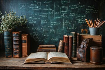 Old Books and Pencils on a Wooden Table in Front of a Blackboard