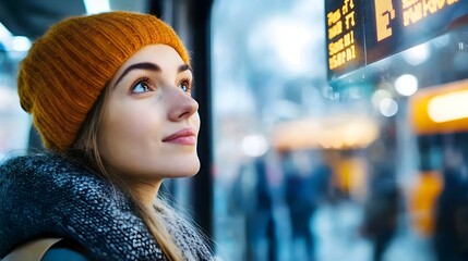 Poster - Close up of a woman s face as she intently looks at the arrivals board in a crowded modern bus terminal with blurred buses and people in the ample background space