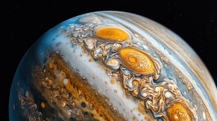 Wall Mural - a view of jupiter southern hemisphere, with turbulent clouds and large storms moving across the plan