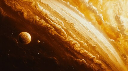 Wall Mural - a view of jupiter southern hemisphere, with turbulent clouds and large storms moving across the plan