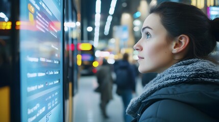 Poster - Close up of a woman s face as she looks intently at the arrivals display board in a crowded bus terminal with blurred buses and people visible in the background